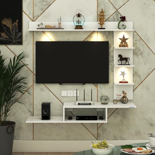 Image of Anikaa Wintor Engineered Wood Wall Mounted TV Unit with 4 LED Lights, 3 Open Shelves, 1 Storage Box & Decorative Display Shelf for Living Room | Ideal for Upto 43 Inch TV-White(DIY Assembly)
