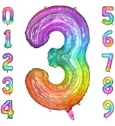 PatiCool 40 Inch Rainbow Number Balloon 3, Large Number Foil Balloons Mylar for Girl Boy Birthday...