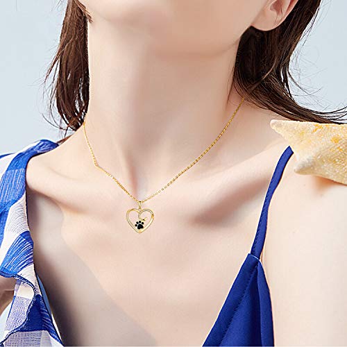 Sisgem 14K Yellow Gold Heart Pendant Necklace For Women, Real Gold Dog Cat Paw Print Jewelry Gifts For Her, 16+1+1 Inch #TOP1