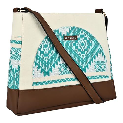 Image of ENSAC Women's Premium Cotton /Full Sling Shoulder Bag | Ladies Purse Handbag | Special & Luxury Gift (SLING-U LEAF-DARK BROWN)