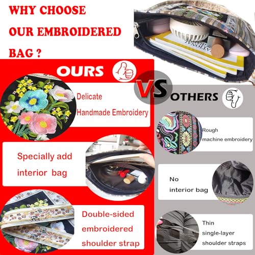 Leimandy Boho Embroidered Crossbody Bag 11 * 11 Inches Double Side Strap Built-in Pocket Ethnic Bags L63