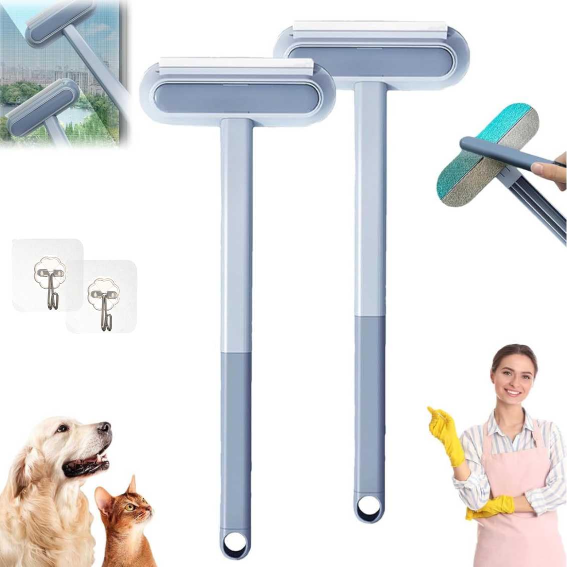 Yelschwa 2Pcs Pet Hair Remover Pet Hair Cleaning Brush With Squeegee Dog Cat Hair Removal Brush Tool Bidirectional Brush Head Extended Handle Reusable Fur Broom Couch Carpet Gifts For Pet Enthusiasts (2Pcs)