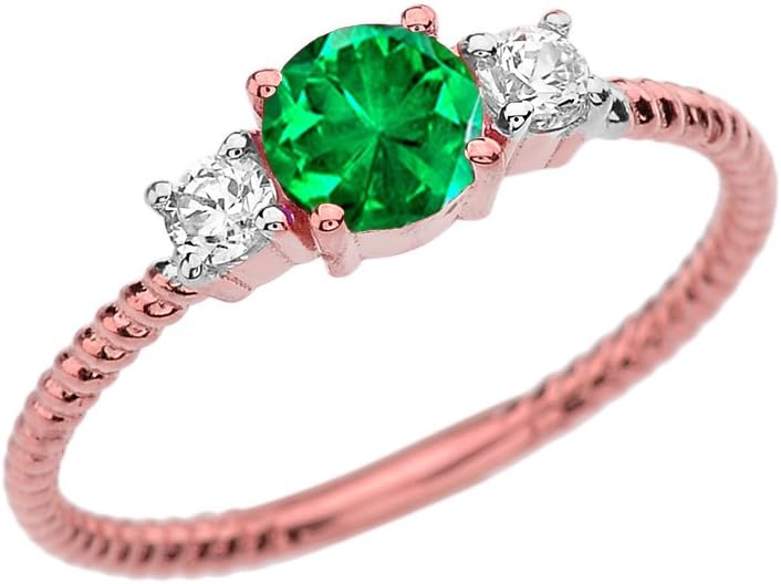 Dainty 10k Rose Gold Emerald CZ and White Topaz Rope Design Engagement/Promise Ring