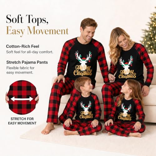 Image of IFFEI Matching Family Pajamas Sets Christmas PJ's with Letter and Plaid Printed Long Sleeve Tee and Bottom Loungewear