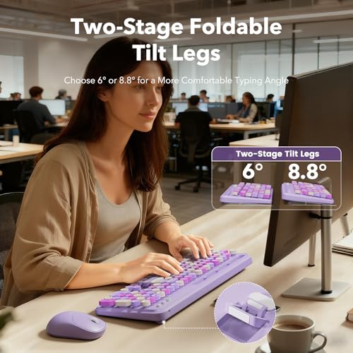 Image of Wireless Keyboard and Mouse Combo, Retro Round Keycaps, Full-Size Stylish Typewriter Keyboard with Large Phone /Tablet Holder, 3-Level DPI Ergonomic Mouse, 2.4GHz Cordless for Windows PC, Lavender Mist