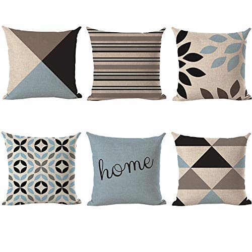 VLUNT Lot de 6 Housses de Coussins 45x45, Lin Canapé Taies d'oreillers Décoratives Imprimée Géométrie Cushion Cover