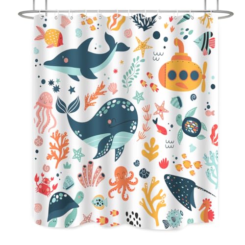 Image of Kids Cartoon Ocean Shower Curtain Cute Fish Sea Turtle Whale Dolphin Funny Underwater Submarine Animal Sea Life Children Home Bathroom Decor Waterproof Fabric 72Lx60W Inch with 12PCS Hooks