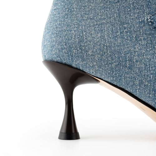 Image of KaroNairy Women Mid Calf Denim Boots Pointed Toe Lace Up Cowboy Boots High Heel Cowgirl Stiletto Thigh Boots blue