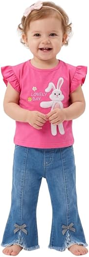 TUTE Baby Girls Round Neck Crop Sleeve Embroidered T-Shirt with Bootcut Denim Pant Co-ord Set