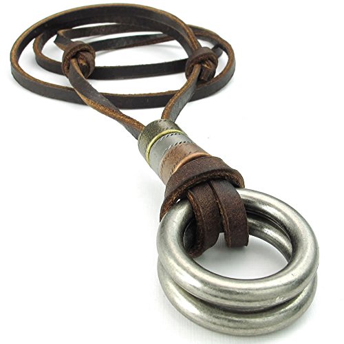 KONOV Mens Womens Double Rings Pendant Adjustable Leather Cord Necklace Chain, Silver Brown