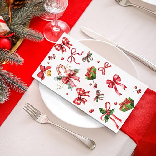 Pajean 100 Pack Christmas Paper Guest Napkins Vintage Disposable Bathroom Napkins Candy Cane Buffalo Plaid Ribbon Bow Christmas Poinsettia Decorative Hand Towels for Xmas Holiday Party Kitchen Dinner – Image 5