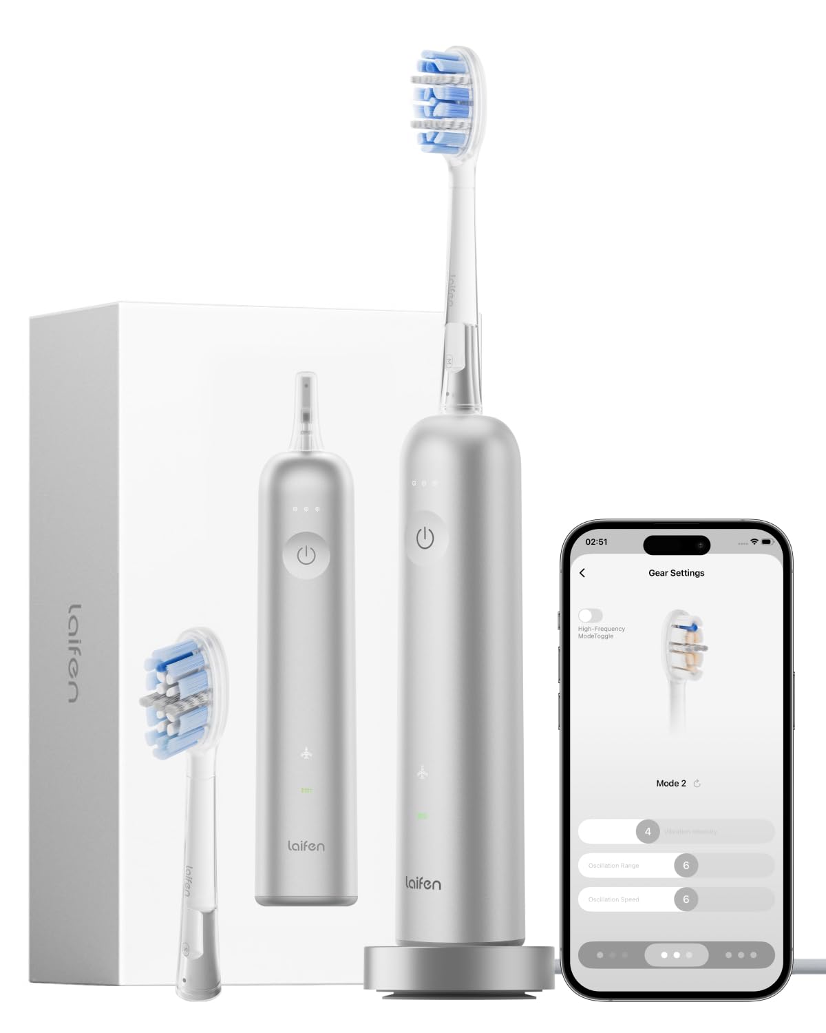 Laifen Wave Pro Spazzolino Elettrico Sonico per Adulti – Spazzolino Sonico con Oscillazioni a 60°, App Intelligente, Batteria da 70 Giorni, 2 Testine, Impermeabile IPX8 (Alluminio Argento)