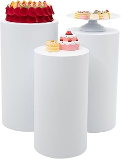 Mahugde 3 Pcs Cylinder Pedestal Stands White Metal Cylinder Pedestal Display Stand Dessert Table Display Pillars Round Pedestals Stand for Wedding Baby Shower Birthday Event Decor