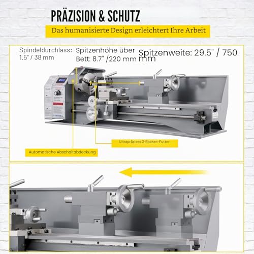 VEVOR Metalldrehmaschinen Mini Drehbank 220x750mm Drehmaschine Metall 750 W Mini Drechselbank für Metallbearbeitung wie Drehen, Bohren, Gewindeschneiden und Schneiden