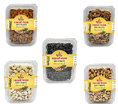 Fresh wish Dryfruits daily needs Pack, Pistachios(roasted pista),Cashew(kaju), Walnut(Without shell),almond(badam), kala manuka(Black Raisins) 5X200gm (combo) pack Of 5 (B097YB6MZF) Amazon Price History, Amazon Price Tracker