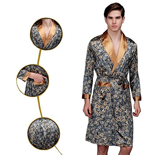 Image of ZUEVI Men's Kimono Robe Silk Satin Long Sleeve Spa Bathrobe Lightweight Soft Silky Pajamas Robes