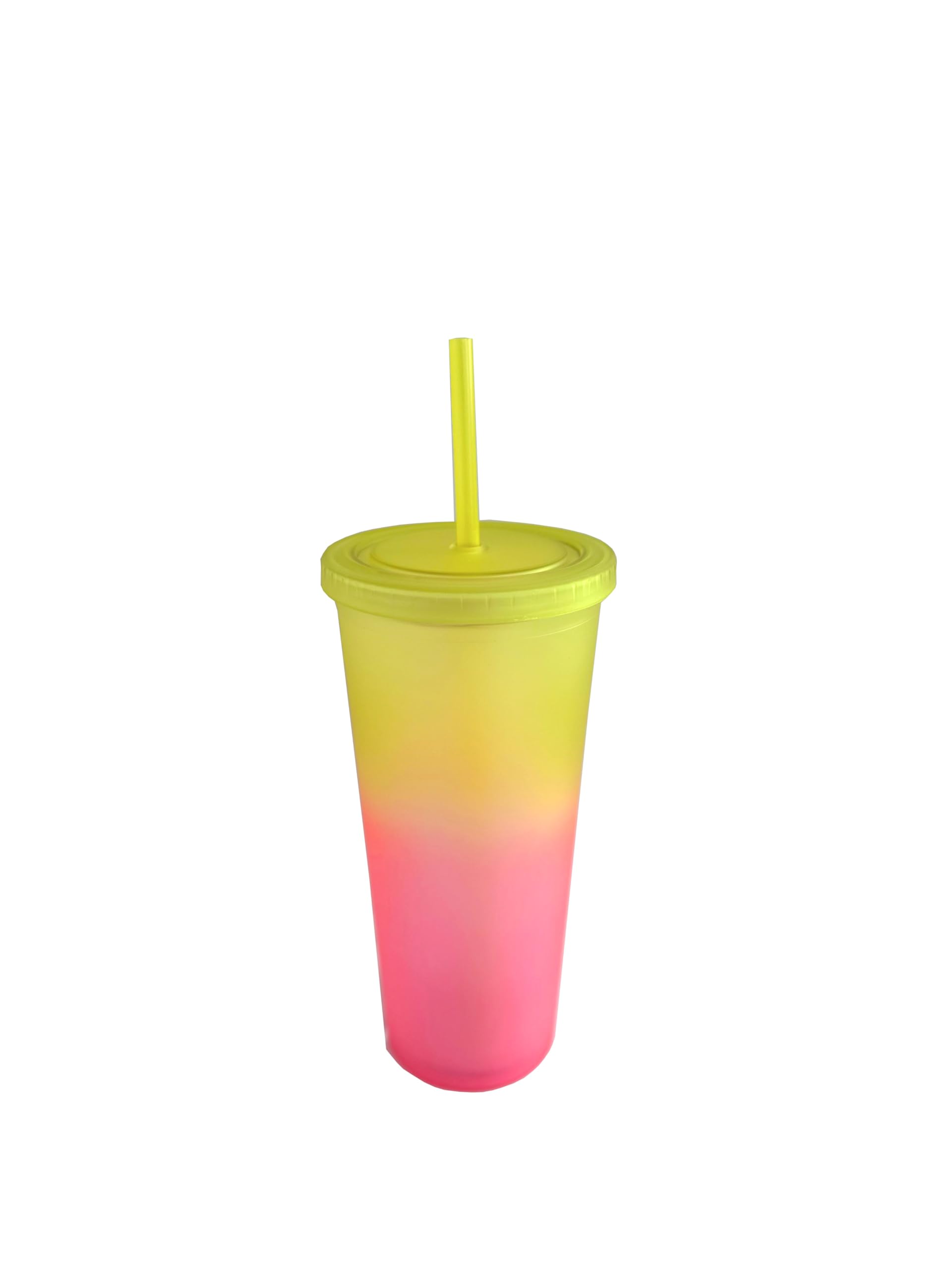 LINDACA 24oz/710ml Double Wall Gradient Colour Reusable Plastic Cups with Lid and Straw (Yellow)
