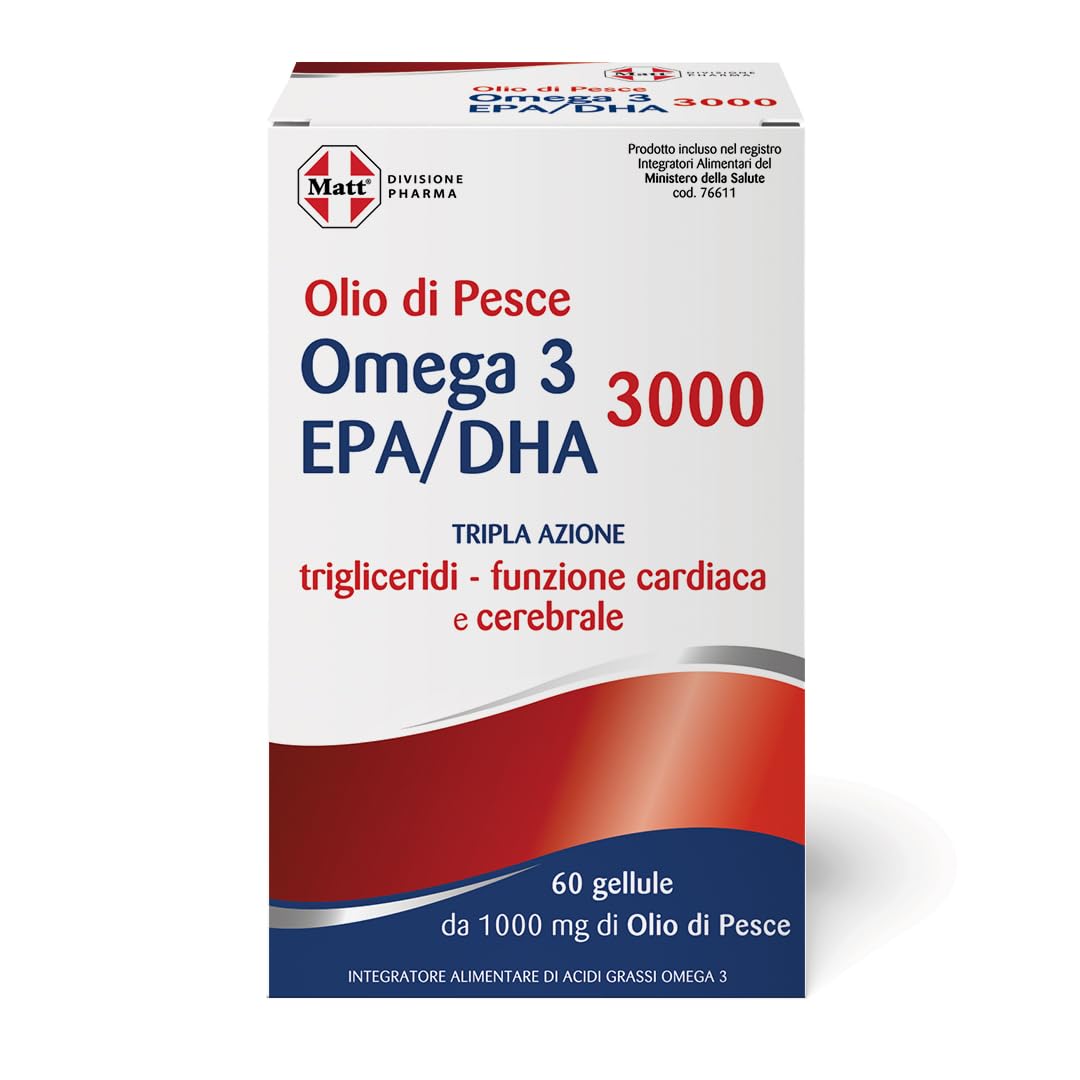 Matt, Olio di Pesce Omega 3 EPA/​DHA 3000, Integratore Alimentare Utile per la Funzione Cardiaca e Celebrale, Confezione da 60 Gellule