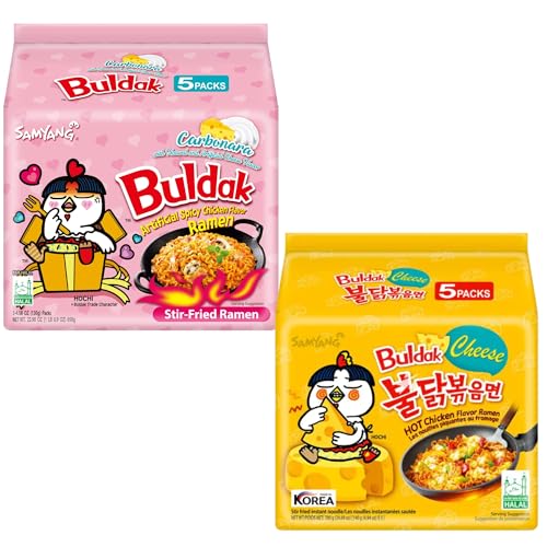 Paradise Products Samyang Noodles Hot Spicy Chicken Ramen Carbonara & Cheese Noodles Combo 2 (Pack of 5) - Korean Noodles Ramen