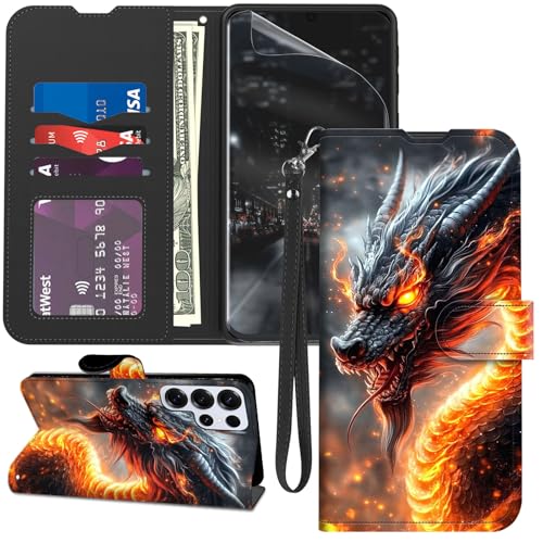 for Samsung Galaxy S24 Ultra Case Wallet with Screen Protector, Stand PU Leather Flip Folio Cover with Card Holder, Full-Body Protection Phone Case for Samsung S24 Ultra, Fiery Dragon
