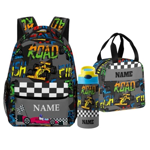 Custom Colorful Car Cartoon Backpack for Kids Girls Boys Add Name Personalized 3 in 1 Book Bags with Lunch Box Kids Water Bottle Customized School Bag Set