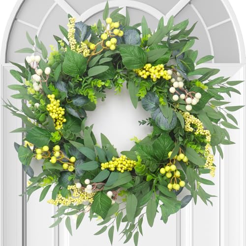 Artificial Green Eucalyptus Wreath for Front Door: 24 Inch Summer Wreaths for Indoor and Outdoor Decor, Large Boxwood Wreath for All Seasons, Spring Greenery Wreaths for Indoor/Outdoor Decorations