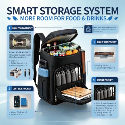 Image of Picnic Backpack Set with Fold Table, Water Bag, Cooler Ice Box & Stainless Steel Utensils - Portable Outdoor Camping Gear for Family Picnics & Hiking (Black, A-4 Person)