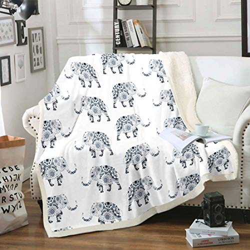 Loussiesd Bohemian Elephant Fleece Blankets Kids Adults Boho Exotic Style Sherpa Blanket Wild Animal Pattern Throw Blanket Ethnic Elephant Print Plush Blankets,Room Decor Fuzzy Blanket Double 60"x79"