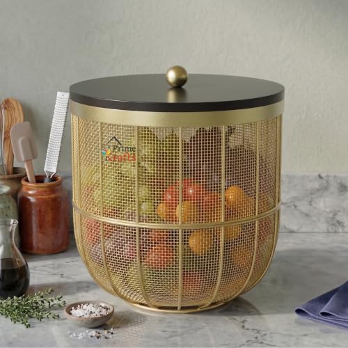 Image of Decorative Net (Jaali) Design Fruit and Vegetables Basket with Natural Wooden Lid | Premium Insect Resistant Storage Organizer for Home and Kitchen - Gold