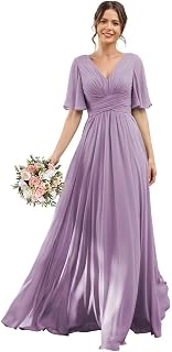 V-Neck Flutter Sleeve Bridesmaid Dress with Pockets A-Line Long Chiffon Formal Party Dresses with Slit YO003