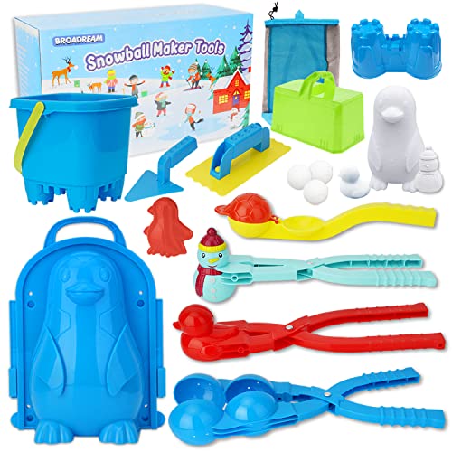 BROADREAM Snow Toys, 12 Pcs Snowball Maker Toys and Sand Mold Fun Winter Outdoor Snow Toys Gifts for Kids with Penguin Duck Snowmen Ball Castle Shape