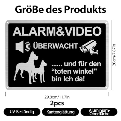 2 Stück Videoüberwachung Schild Set 20x30cm,Warnung vor dem Hunds Schilder Lustig Metall Alu Gebürstetes Videoüberwacht Schilder Achtung Hundschild Warnung vor dem Hund Schilders für Zuhause Outdoor