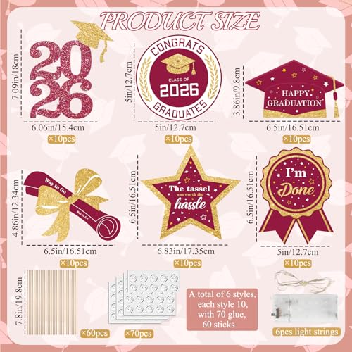 Image of Graduation Decorations for Class of 2026-60pcs Glitter Maroon Party Table Centerpieces Sticks with LED String Lights for College High School 2026 Graduation Party Favors Supplies