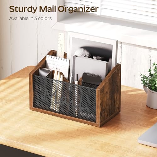 YATINEY Mail Organizer Countertop, Mail Holder with 3 Slots, Mail Sorter for Desk, Wooden Office Desk Organizer, Mail Organizer for Magazines, Files, Papers, Folders, Rustic Brown and Black MR03BR