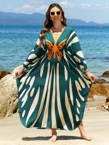 Image of IMAGEKOPE Women's Plus Size Animal Print V-Neck Batwing Kaftan Beach Dress Bathing Suit Cover-Up Loungewear