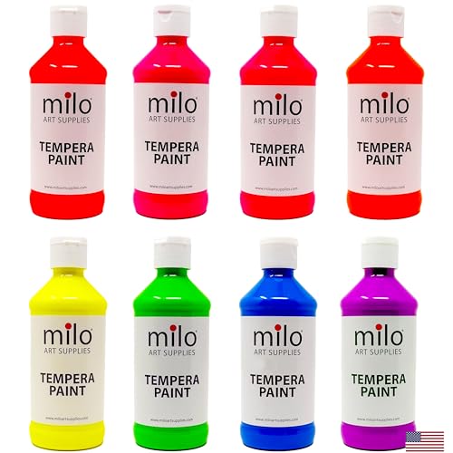 milo Fluorescent Tempera Paint Set of 8 Colors | 8 oz Bottles | Made in the USA | Washable and Non-Toxic Neon Art & Craft Poster Primary Paints for Artists, Kids, & Hobby Painters, Glows UV in Black
