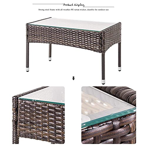 Floyinm 4Pcs Outdoor Garden Patio Furniture Set Rattan Include 1 2-Seat Sofa+2 Arm Chairs+1 Tea Table Brown W/White Cushion #TOP7