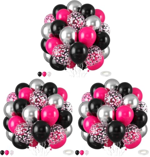 Image of Hot Pink and Black Balloons,50PCS 12 Inch Black Pink and Silver Confetti Balloons with Ribbon,for Girls Wedding Bridal Shower Birthday Party Decorations (Pack of 3)