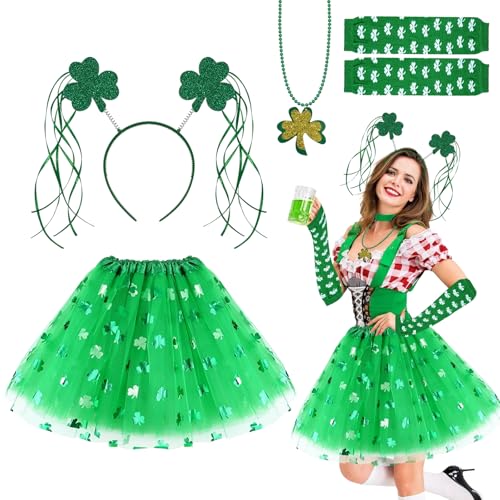 Ntwdby 4 Pièces St.Patrick's Day Parade Costume Accessoires Set, Comprend Shamrock Green Tutu Tulle Skirt et Shamrock Headband Necklace, pour St.Patrick's Day Decoration Party Supplies
