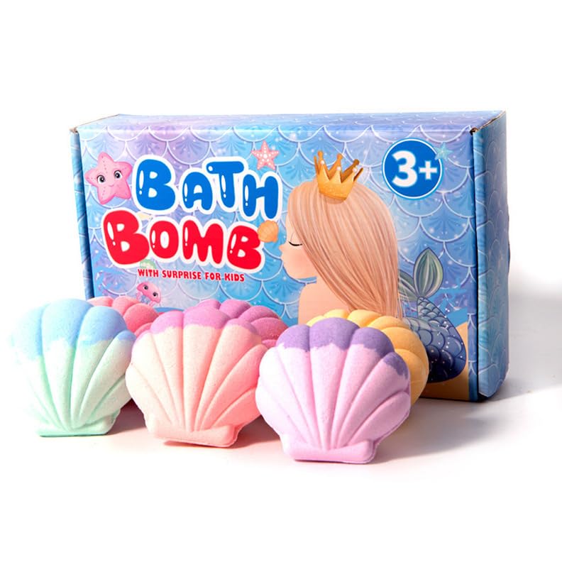 Mermaid Bath Bombs for Kids with Jewelry Surprises, 6 Seashell Shaped Fizzies, Multi-Scented Pack with Ocean, Rose, Lavender, Nectarine, Grapes, Orange Fragrances, Ages 3+