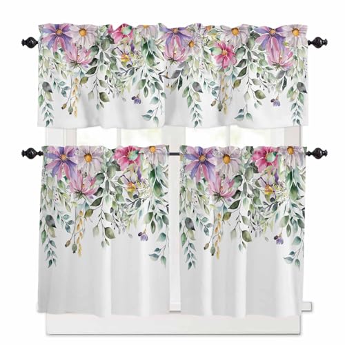 Eucalyptus Flower Kitchen Curtains 36 Inch Length,3 Piece Rod Pocket Small Half Tiers and Valance Set,Sage Green Botanical Boho Leaf Pink Small Large Window Treatment Decor for Bedroom/Bathroom Sink