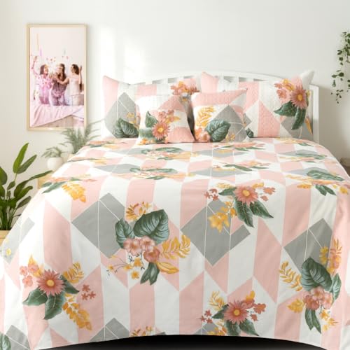 Image of Super Premium Designer 5-Piece Bedsheet Set - Double Bed Size (90 inchx100 inch) - Heavy Cotton Blend with Bedsheet, Pillow Covers & Cushion Covers (Pink, 5 Pc Bedsheet Set)