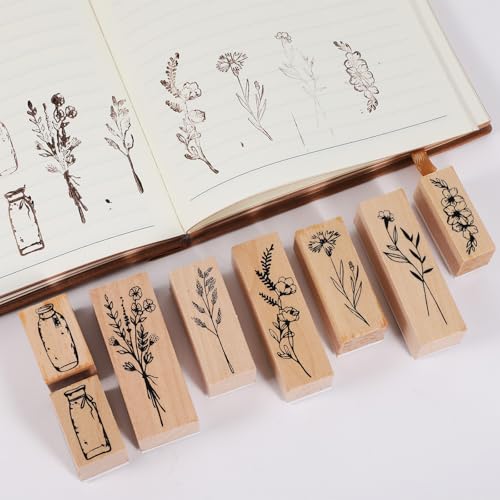 8 PCS Vintage Wooden Rubber Stamps, Wooden Flower Stamp Rubber Plant Decorative Stamp Set, Cute Plant Flower Bottle Stamps Decorative for Letters Diary, Letters, DIY Crafts