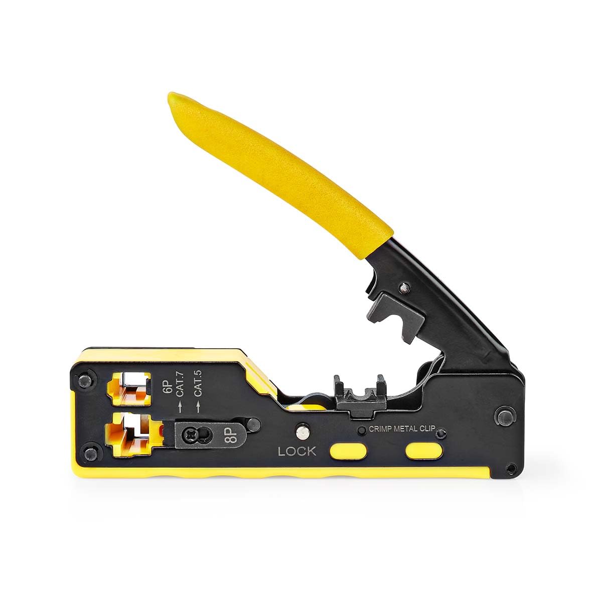 Pince à Sertir - CAT5 / CAT5e / CAT6 / CAT6a / CAT7 / RJ12 / RJ45 - Coupe/dénudé/Pince - Caoutchouc/Acier - Jaune/Noir