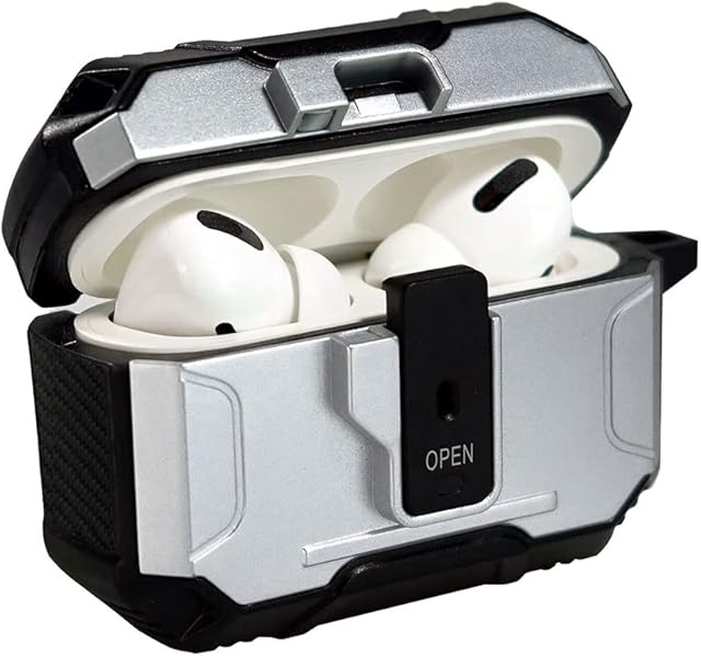 ZenRich for Airpods Pro Case with Pop-up Lock, zenrich Shockproof Full-Body Protective Cover Case with Carabiner for AirPod Pro 2019, Front LED Visible, Silver