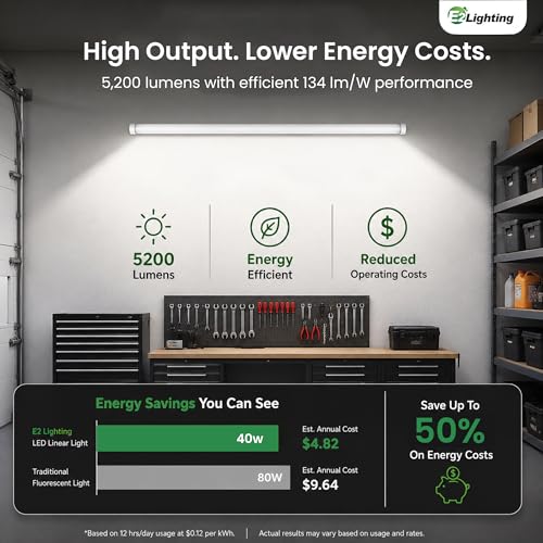 Image of E2 LIGHTING 4ft LED Linear Shop Light | 40W Dimmable LED Light Fixture | 5CCT Tunable Lighting | Emergency Battery Backup 90 Min | Energy Saving Indoor Linear Light for Warehouse Garage Workshop