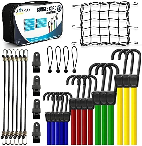 AXEMAX Bungee Cords Heavy Duty Outdoor - 32 PCS Assorted Sizes 10",18",24",32",40", Inches. Adjustable Bungie Straps and Cargo net with Heavy Duty Plastic Coated Metal Hooks