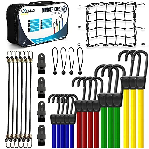 Axemax Bungee Cords Heavy Duty Outdoor - 32 Pcs Assorted Sizes 10",18",24",32",40", Inches. Adjustable Bungie Straps And Cargo Net With Heavy Duty Plastic Coated Metal Hooks #TOP18
