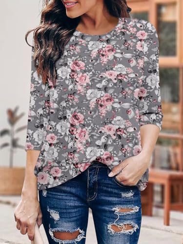 KISSMODA Tunic Tops for Women Loose Fit Dressy Round Neck Pleated 3/4 Length Sleeve Spring Tops