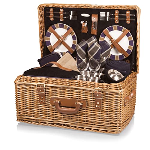 PICNIC TIME - Windsor Luxury Picnic Basket for 4 - Large Wicker Picnic Basket - Deluxe Picnic Set 4, (Navy Blue)